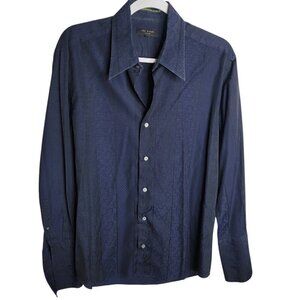 Ted Baker Dress Shirt M Blue Long Sleeve Button Down Embossed Print 100% Cotton